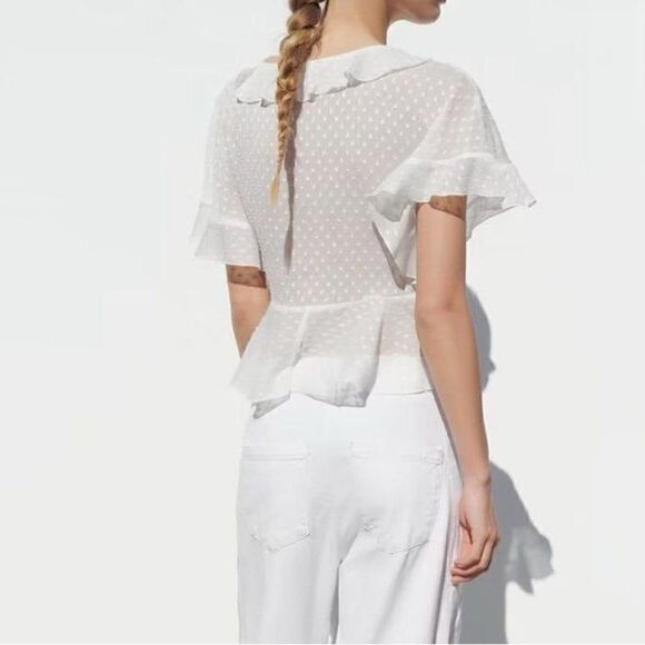 ZARA RUFFLED V NECK BLOUSE - Picture 5 of 6